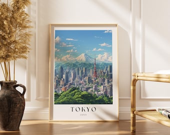 Poster di viaggio di Tokyo, Giappone: panorama urbano del Monte Fuji, stampa artistica per l'arredamento di casa.