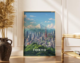 Poster di viaggio di Tokyo: stampa artistica del panorama urbano del Monte Fuji