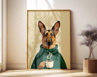 Elsässer Schäferhund Kaffee Poster: Lustiges Hunde Poster, gemütliches grünes Dekor