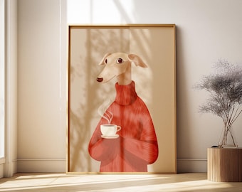 Skurriles Windspiel Whippet Kaffee Print: Lustiges Hunde Poster, gemütliches rotes Dekor