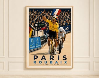 Stampa artistica Parigi Roubaix: Wout van Aert e Tadej Pogačar, Poster Monumento al Ciclismo, Inferno del Nord