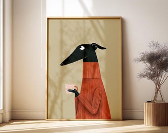 Whimsical Greyhound Whippet Coffee Print: Funny Dog Poster, Cozy Red Decor