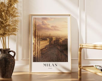 Poster Mailand: Italienische Stadtansicht Kunstdruck - Duombo Statue Leonardo da Vinci