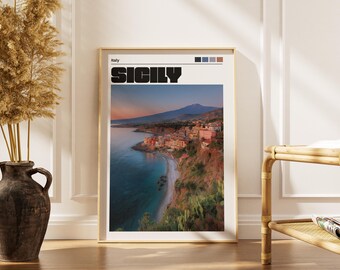 Sicily Travel Poster: Coastline Mediterranean Print, Italy Coastal Wall Art, Mount Etna