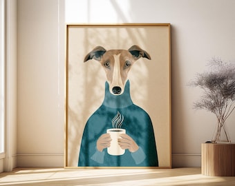 Skurriler Greyhound Whippet Kaffee Print: Lustiges Hunde Poster, gemütliches blaues Dekor