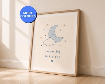 Dream Big Little One Nursery Print: Moon Stars Wall Art, Neutral Baby Decor Poster