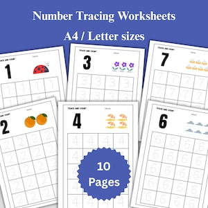 以下が含まれることがあります： A4/レターサイズの数字トレースワークシート。1から7までの数字が点線で表示され、なぞることができます。てんとう虫、オレンジ、ビーチパラソルなどのイラストも含まれています。