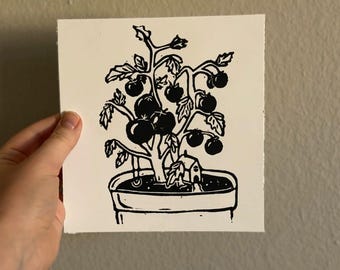 Tiny Home: Tucked in the Tomatoes- Linocut Print