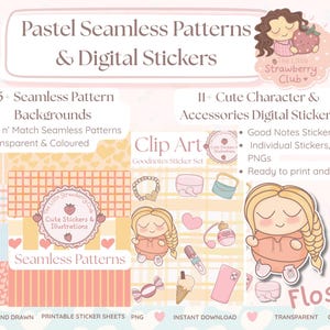 May include: Digital sticker set featuring pastel seamless patterns and cute character illustrations. Includes 35+ seamless pattern backgrounds and 11+ digital stickers. The set includes transparent and colored designs, ready to print and cut.
