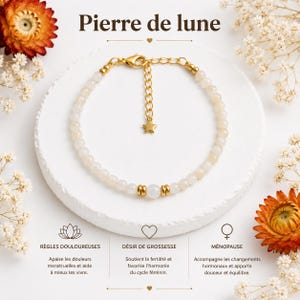 Bracelet en pierre de lune 4 mm,  Féminité, Désir de Grossesse, Ménopause . Bracelet femme en pierre naturelle,  cadeau femme