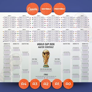 May include: A World Cup 2026 match schedule poster featuring a central gold trophy illustration, group stage listings, and a tournament bracket. The design includes text labels for Canva, editable, printable, and various paper sizes like A4, A3, A2, A1, and A0.