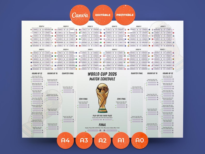 May include: A World Cup 2026 match schedule poster featuring a central gold trophy illustration, group stage listings, and a tournament bracket. The design includes text labels for Canva, editable, printable, and various paper sizes like A4, A3, A2, A1, and A0.