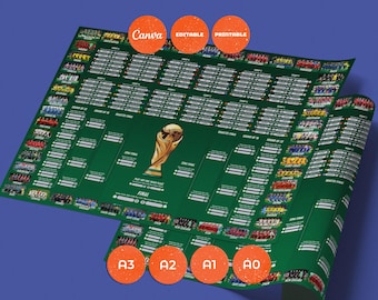 Kalendarz Mistrzostw Świata 2026, edytowalna tablica ścienna, harmonogram meczów piłkarskich, drabinka piłkarska (szablon Canva, wersja cyfrowa do pobrania)