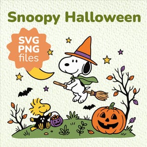 May include: A digital illustration featuring Snoopy wearing an orange witch hat and green cape while flying on a broomstick. Below, a yellow bird holds a purple bucket next to a jack-o'-lantern on green grass. Text reads Snoopy Halloween SVG PNG files.
