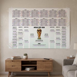 May include: A large rectangular wall poster titled World Cup 2026 featuring a tournament bracket layout. The design includes a central illustration of the gold trophy, group stage tables with national flags, and knockout round paths.
