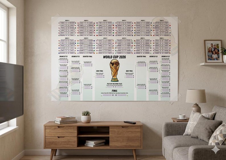 May include: A large rectangular wall poster titled World Cup 2026 featuring a tournament bracket layout. The design includes a central illustration of the gold trophy, group stage tables with national flags, and knockout round paths.