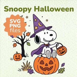 May include: A digital illustration featuring Snoopy wearing a purple witch hat and cape, sitting on a large jack-o'-lantern while holding a small pumpkin bucket. The scene includes a bare tree, fallen leaves, and the text Snoopy Halloween and SVG PNG files.