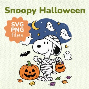 May include: A digital illustration featuring Snoopy dressed as a mummy, holding a pumpkin candy bucket next to a jack-o'-lantern. The scene includes ghosts, a crescent moon, stars, and bats against a dark blue background with the text Snoopy Halloween and SVG PNG files.