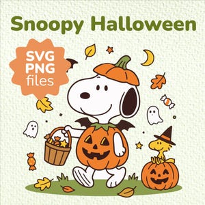 May include: A digital illustration titled Snoopy Halloween featuring a white dog wearing a pumpkin costume and bat wings, holding a candy basket. Beside the dog is a yellow bird in a witch hat sitting on a jack-o'-lantern, surrounded by ghosts, leaves, and candy. Text reads SVG PNG files.