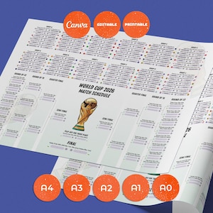 May include: A World Cup 2026 match schedule poster featuring a central gold trophy illustration, tournament bracket lines, and group stage details. The document includes text labels for Canva, editable, printable, and various paper sizes like A4 to A0.