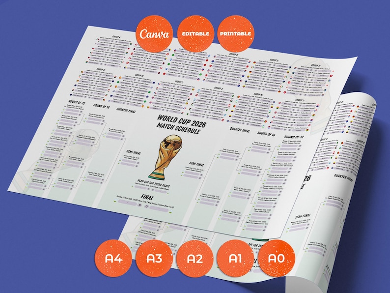 May include: A World Cup 2026 match schedule poster featuring a central gold trophy illustration, tournament bracket lines, and group stage details. The document includes text labels for Canva, editable, printable, and various paper sizes like A4 to A0.