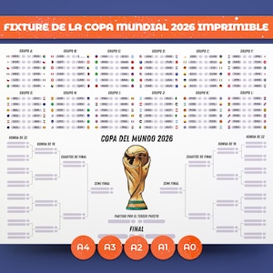 Peut inclure: Un tableau imprimable des matchs de la Coupe du Monde 2026 avec un en-tête orange portant le texte FIXTURE DE LA COPA MUNDIAL 2026 IMPRIMIBLE, un calendrier des groupes avec drapeaux, un tableau de tournoi, un trophée et cinq cercles orange.