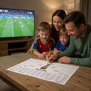 May include: A white paper World Cup bracket chart featuring a central gold trophy illustration and black text, resting on a wooden table. A yellow pencil is held over the paper, which includes columns for match results and team names.