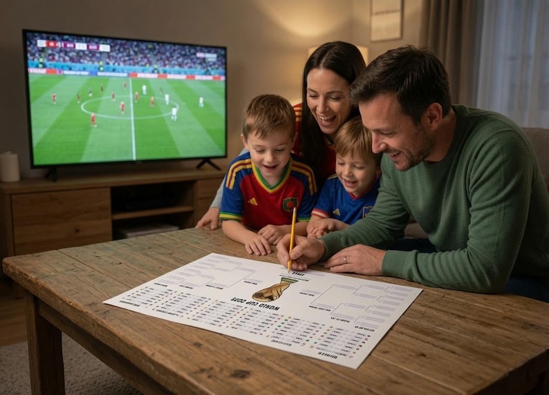 May include: A white paper World Cup bracket chart featuring a central gold trophy illustration and black text, resting on a wooden table. A yellow pencil is held over the paper, which includes columns for match results and team names.