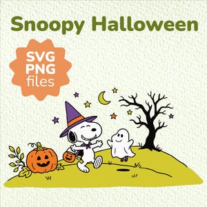 May include: A digital graphic featuring Snoopy wearing a purple witch hat and cape, holding a small pumpkin bucket. Beside Snoopy is a white ghost, a large jack-o'-lantern, and a bare tree on a yellow hill under a crescent moon. Text reads Snoopy Halloween.