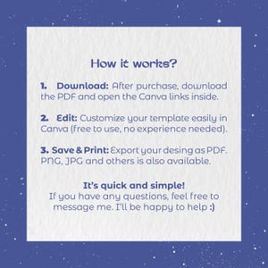 May include: A white square instructional graphic on a dark blue background with white speckles. The text reads: How it works? 1. Download: After purchase, download the PDF and open the Canva links inside. 2. Edit: Customize your template easily in Canva. 3. Save & Print: Export your desing as PDF. PNG, JPG and others is also available. It's quick and simple! If you have any questions, feel free to message me. I'll be happy to help :)