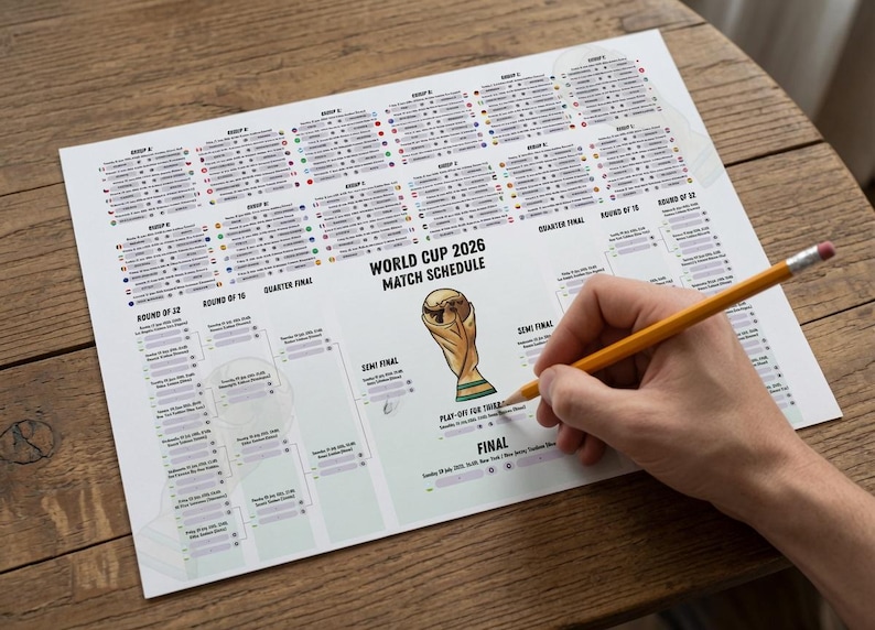 May include: A white paper World Cup 2026 match schedule featuring a central illustration of the gold trophy, group stage tables, and a tournament bracket. A yellow pencil is positioned on the sheet, which includes text for the final match.