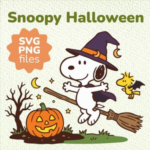 May include: A digital graphic featuring Snoopy wearing a purple witch hat and cape while riding a broomstick, accompanied by a yellow bird with black wings, a jack-o'-lantern, and a bare tree. The text reads Snoopy Halloween and SVG PNG files.