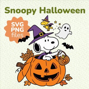 May include: A digital graphic featuring Snoopy wearing a purple witch hat and cape, sitting inside a carved orange jack-o'-lantern pumpkin. The design includes a yellow bird, a white ghost, two black bats, and text reading Snoopy Halloween and SVG PNG files.