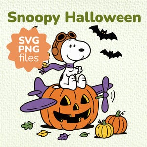 May include: A digital illustration featuring Snoopy wearing an aviator cap and purple scarf, sitting atop a carved jack-o'-lantern airplane with purple wings. Two black bats fly above, with two small pumpkins and scattered leaves below. Text reads Snoopy Halloween.