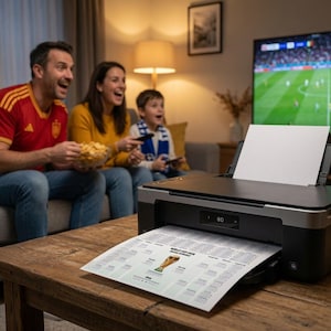 May include: A black and gray desktop printer sits on a wooden table, outputting a printed sheet of paper featuring a World Cup trophy graphic and text. The printer has a top-loading paper tray and a front-facing digital display screen.