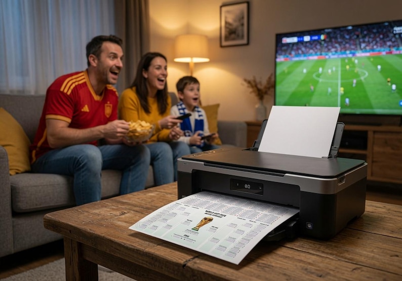 May include: A black and gray desktop printer sits on a wooden table, outputting a printed sheet of paper featuring a World Cup trophy graphic and text. The printer has a top-loading paper tray and a front-facing digital display screen.