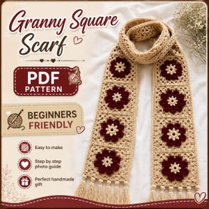Granny Square Crochet Scarf Pattern,Boho Patchwork Scarf PDF,Begninners friendly,instant download