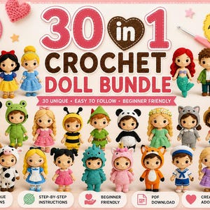 Puede incluir: Imagen promocional de un paquete de muñecas de ganchillo, con 30 patrones únicos. El texto dice "30 en 1 Crochet Doll Bundle" y "30 adorables muñecas". Se muestran varias muñecas de ganchillo, cada una con atuendos y accesorios distintos. La imagen también incluye texto como "Descarga instantánea" y "Apto para principiantes".