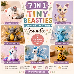 Könnte beinhalten: Ein Häkelmuster-Bundle mit sieben entzückenden kleinen Bestien. Das Bild zeigt eine schlafende Katze, eine perfekte Katze, einen kleinen Drachen, einen Babydrachen, ein magisches Einhorn, einen Eisdrachen und eine niedliche Giraffe. Der Text lautet "7 in 1 Tiny Beasties Crochet Pattern Bundle."