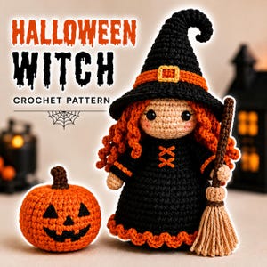Halloweenhäxa Virkmönster PDF, Amigurumi Häxdocka, Pumpakompanjon & Kvast Digital Handledning