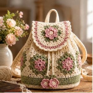 May include: A cream-colored crochet backpack featuring a floral motif with pink and sage green yarn accents. The bag has a drawstring closure with two dangling flower-shaped tassels, a top handle, and shoulder straps, all crafted in a textured stitch.