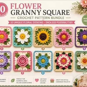 Op de afbeelding: Een haakpatroonbundel met tien unieke bloemmotieven. Elke vierkant toont een andere bloem, met levendige kleuren en ingewikkelde details. De tekst luidt "Flower Granny Square Crochet Pattern Bundle."