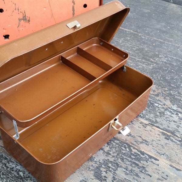 Vintage Tool Box in Brown Metal Toolbox