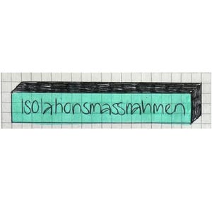 May include: A hand-drawn illustration of a rectangular block with the German word "Isolationsmassnahmen" written in black ink on a light green background. The top of the block is shaded in black.
