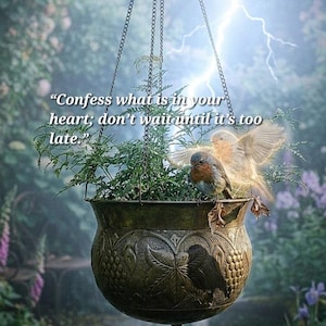 Op de afbeelding: Een hangende metalen plantenbak met reliëf van bladeren en druiven, opgehangen aan drie kettingen. Een groene plant groeit erin en twee kleine vogels met oranje borst zitten op de rand. De tekst luidt: Confess what is in your heart; don't wait until it's too late.