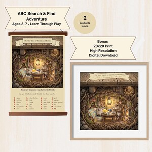 May include: An educational poster and framed print set for children. The poster features an ABC search and find game with the text "ABC Search & Find Adventure Ages 3-7 - Learn Through Play". The framed print is a digital download.
