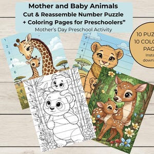 May include: A collection of children's puzzles and coloring pages featuring mother and baby animals. The image includes a giraffe, lion, panda, and deer. The text reads "Mother and Baby Animals Cut & Reassemble Number Puzzle + Coloring Pages for Preschoolers".