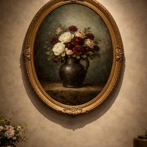 Puede incluir: Pintura ovalada en un marco dorado ornamentado. La obra representa un jarrón oscuro lleno de rosas blancas y burdeos. La pintura está montada en una pared beige, con una pequeña mesa y un jarrón visibles en la parte inferior izquierda.