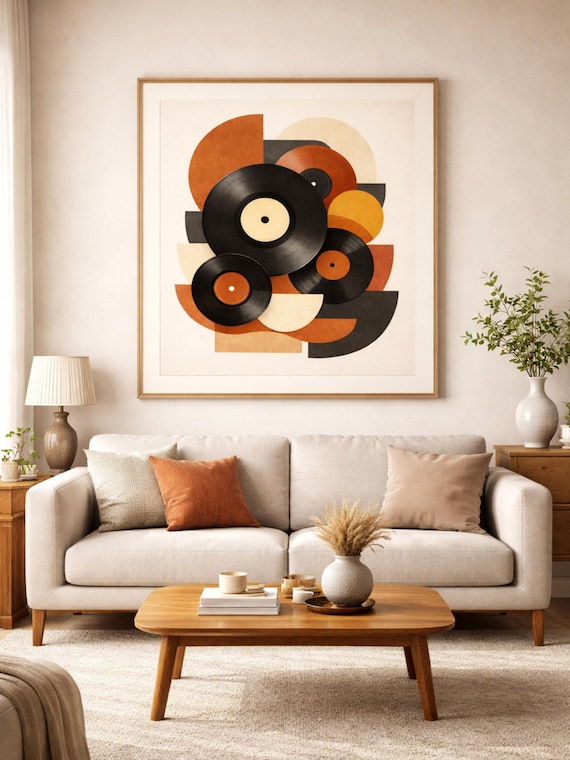 Mid-century Vinyl Record Art Print, Retro Geometric Music Poster