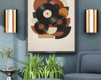 Mid-century Vinyl Record Art Print, Retro Geometric Music Poster